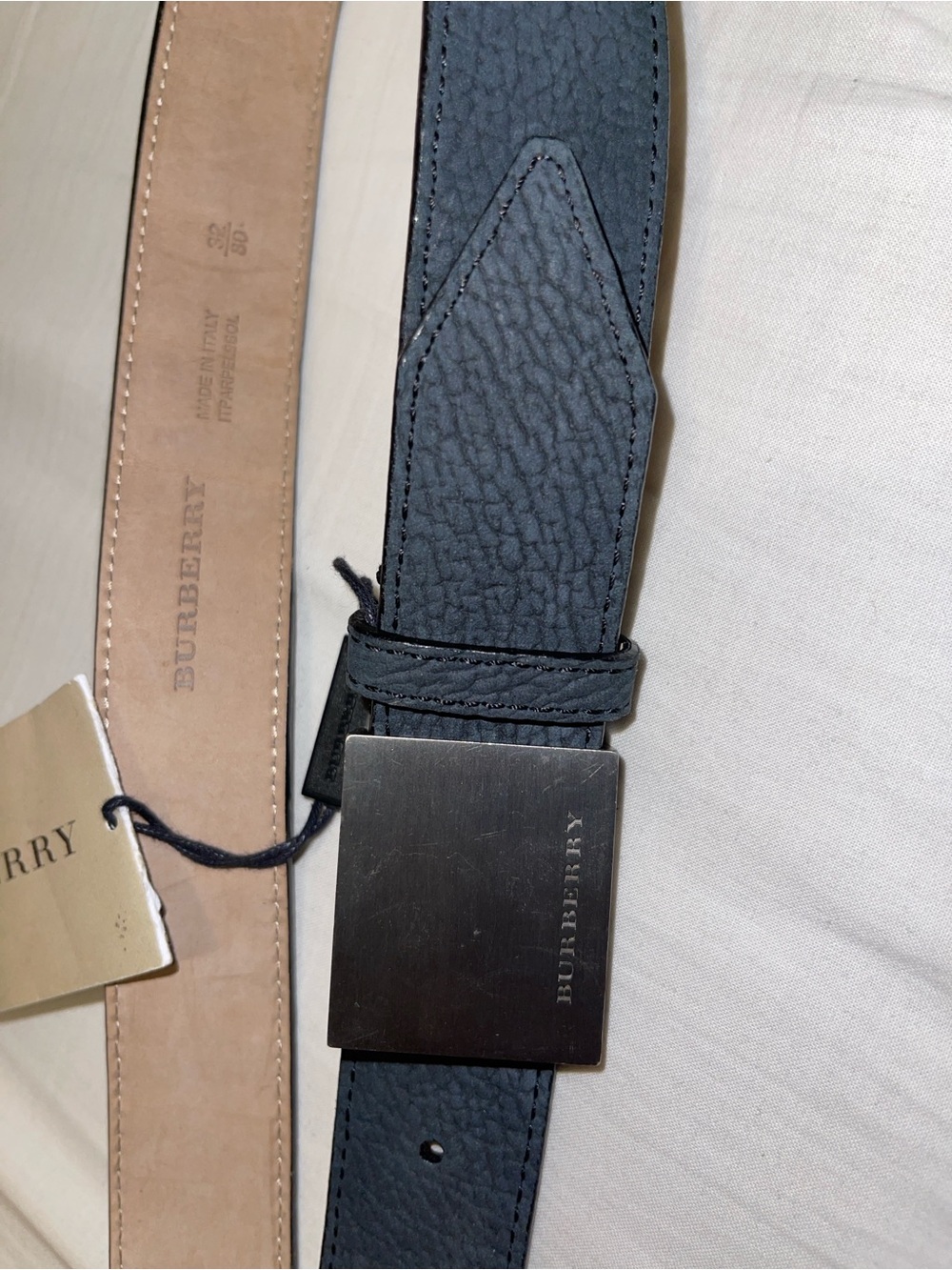 Burberry Black Pebbled Leather Belt with Brushed Silver Buckle - Picture 2 of 7